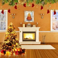 Fireplace Tree Present Painting Photography Scenery Backdrop Christmas Theme Banner IYC-616