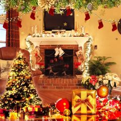 Fireplace Present Sock Tree Photography Scenery Backdrop Christmas Theme Banner IYC-641