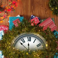 Clock Wood Wall Plant Present Photography Scenery Backdrop Christmas Theme Banner IYC-675