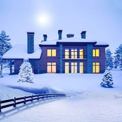 House Snow Tree Fence Sun Photography Scenery Backdrop Christmas Theme Banner IYC-702
