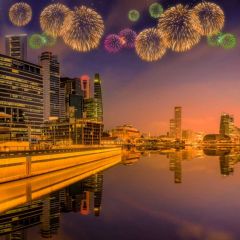 Firework River Building Inverted Image Photography Scenery Backdrop Christmas Theme Banner IYC-738