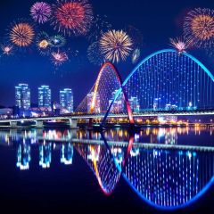 Firework River Building Inverted Image Photography Scenery Backdrop Festival Celebration Theme Banner IYC-799