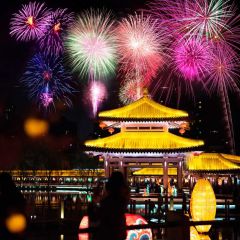 Firework Pavilion Lantern River Photography Scenery Backdrop Festival Celebration Theme Banner IYC-814