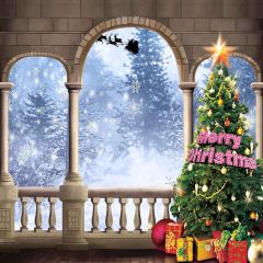 Christmas Tree With Sleigh Photography Scenery Backdrop Christmas Theme Banner MNH-064