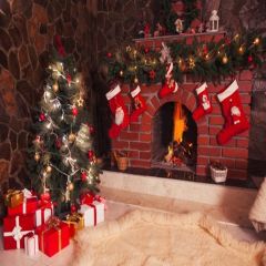 Fireplace With Christmas Tree Photography Scenery Backdrop Christmas Theme Banner MNH-116