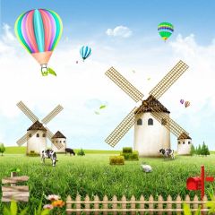 Windmill Ballon Grass Photography Scenery Backdrop Cartoon Theme Banner MNH-797