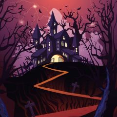 House Coffin Tree Photography Scenery Backdrop Halloween Theme Banner MNH-955