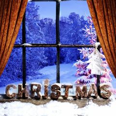 Curtain Tree Fir Window Photography Scenery Backdrop Christmas Theme Banner MNH-990