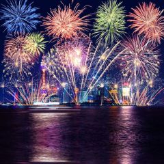 Fireworks Sea Building Photography Scenery Backdrop Festival Celebration Theme Banner NTM-146