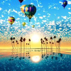 Hot Air Balloon Palm Tree Sun Photography Scenery Backdrop Ocean Theme Banner NTM-227