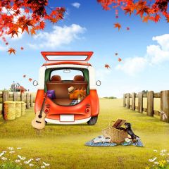 Maple Leaves Truck Violin Photography Scenery Backdrop Cartoon Theme Banner NTM-243