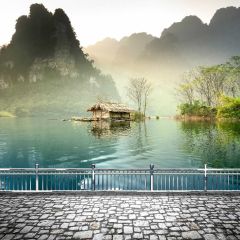 Hill Water Shack Silver Rail Photography Scenery Backdrop Nature Theme Banner NTM-268