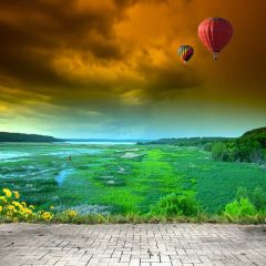 Hotairballoon Grassland Cloudy Weather Photography Scenery Backdrop Nature Theme Banner NTM-286
