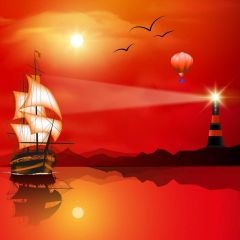 Lighthouse Sundown Ship Water Photography Scenery Backdrop Ocean Theme Banner NTM-364