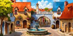 Village Fountain Lovely Houses Stage Performance Background Dance Show Backdrop SRC-0145