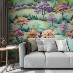 Watercolor Trees Nature Fabric Wallcovering Seamless Wallpaper Wall Decoration WCV-0049