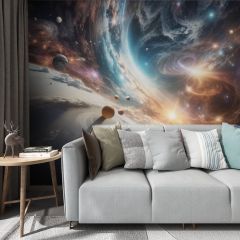 Surreal Space Planets Fabric Wallcovering Seamless Wallpaper Wall Decoration WCV-0050