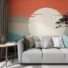 Sunset Tree Mountains Fabric Wallcovering Seamless Wallpaper Wall Decoration WCV-0051