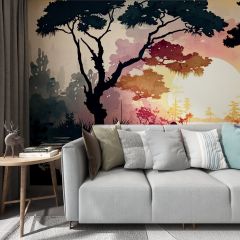 Trees River Plants Fabric Wallcovering Seamless Wallpaper Wall Decoration WCV-0061