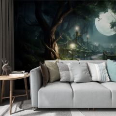 Abandoned Path Forest Night Fabric Wallcovering Seamless Wallpaper Wall Decoration WCV-0124