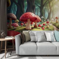 Forest Mushrooms Fungi Fabric Wallcovering Seamless Wallpaper Wall Decoration WCV-0128