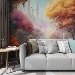 Castle Flowers Garden Fabric Wallcovering Seamless Wallpaper Wall Decoration WCV-0170