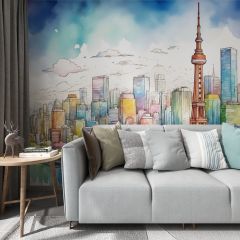 Multicoloured Skyline Tower Fabric Wallcovering Seamless Wallpaper Wall Decoration WCV-0176