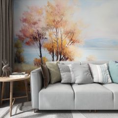 Oil Painting Style Autumn Landscape Fabric Wallcovering Seamless Wallpaper Wall Decoration WCV-0182