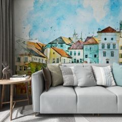 Seaside Town City Church Fabric Wallcovering Seamless Wallpaper Wall Decoration WCV-0183