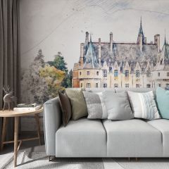 Watercolor Castle Building Fabric Wallcovering Seamless Wallpaper Wall Decoration WCV-0187