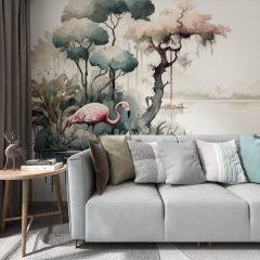 Watercolor River Trees Fabric Wallcovering Seamless Wallpaper Wall Decoration WCV-0189