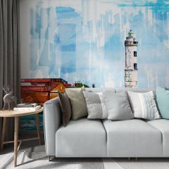 Watercolor Lighthouse Lagoon Fabric Wallcovering Seamless Wallpaper Wall Decoration WCV-0191