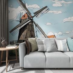 Watercolor Windmill Buildings Fabric Wallcovering Seamless Wallpaper Wall Decoration WCV-0192