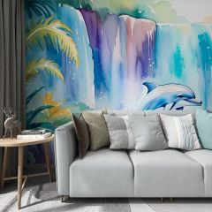 Dolphin Waterfall Painting Fabric Wallcovering Seamless Wallpaper Wall Decoration WCV-0205
