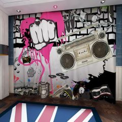 Graffiti Boxing Video Brick Wall Window Curtains CUR-0404