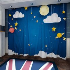 Cloud Moon Sun Star Dark Blue Window Curtains CUR-0430