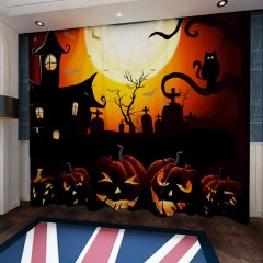 Halloween Moon House Pumpkin Latern Tree Window Curtains CUR-0438
