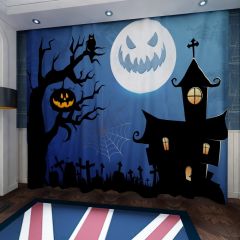 Halloween Moon Lantern Tree House Spider Web Window Curtains CUR-0440