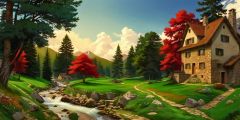 Village Pine Trees Stream Stage Performance Background Dance Show Backdrop SRC-0155