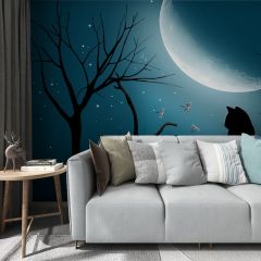 Cat Moon Night Fabric Wallcovering Seamless Wallpaper Wall Decoration WCV-0150